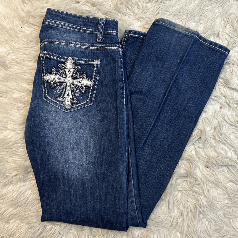 ND Weekend Medium Wash Denim Jeans Embellished Cross‎ Pockets Boot Cup Western 6